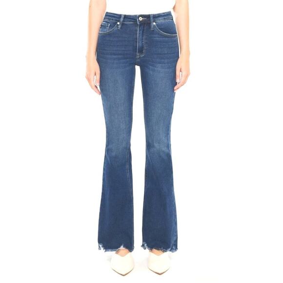 Kancan Essentials Brenda High Rise Flared Bootcut Frayed Hem Dark Wash Jean 25 - Picture 1 of 9